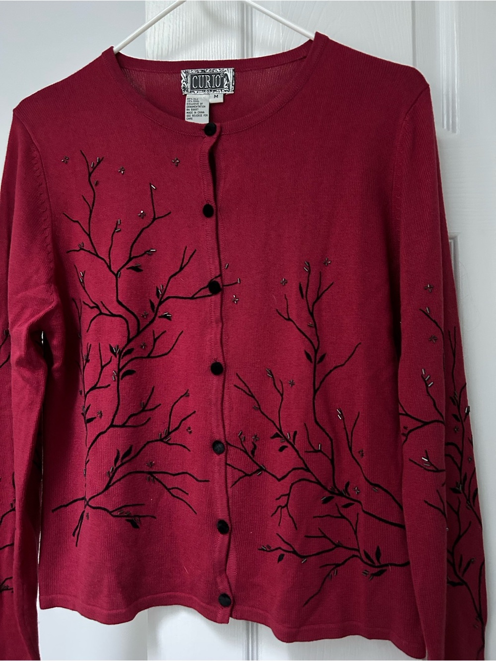 Curio Women's Burgundy Embroidered Button-Up Cardigan